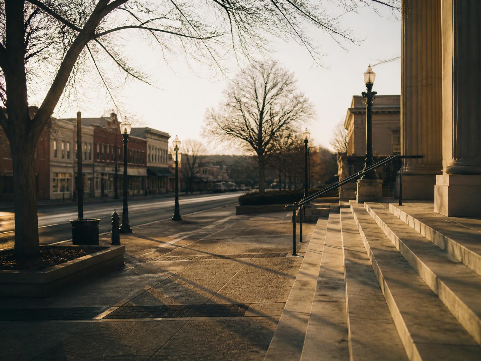 Early morning light on a civic building and main street in a community downtown